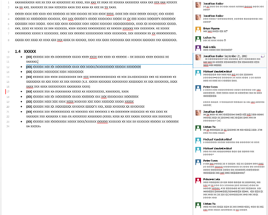 Screenshot of a document with many comments in Word 2013, where one comment is selected